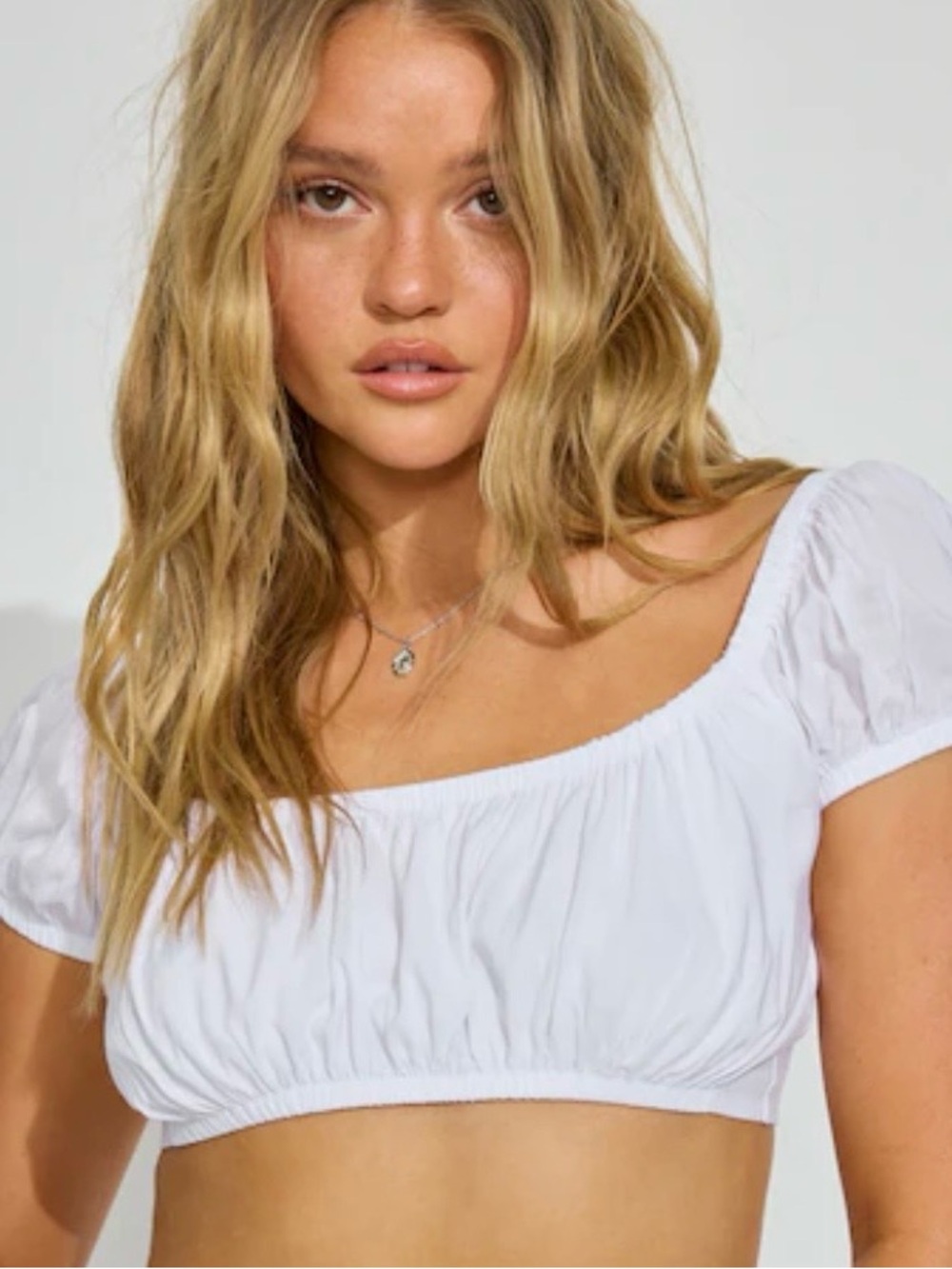 Women's White Eyelet Peasant Crop Top with Tie feminine cottagecore
